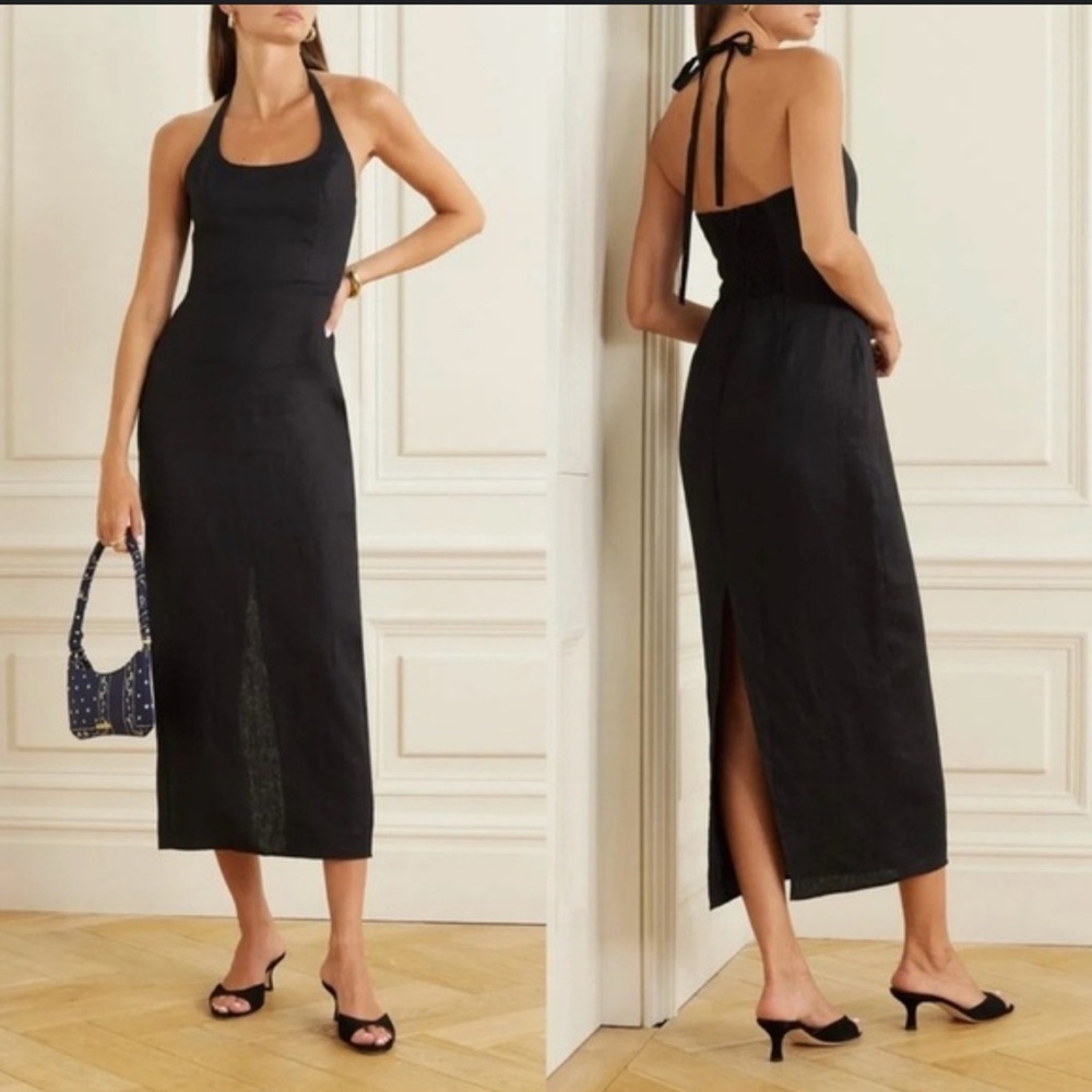 Reformation Yana Linen Midi Halter‎ Sleeveless Bodycon Size 6 Dress Black